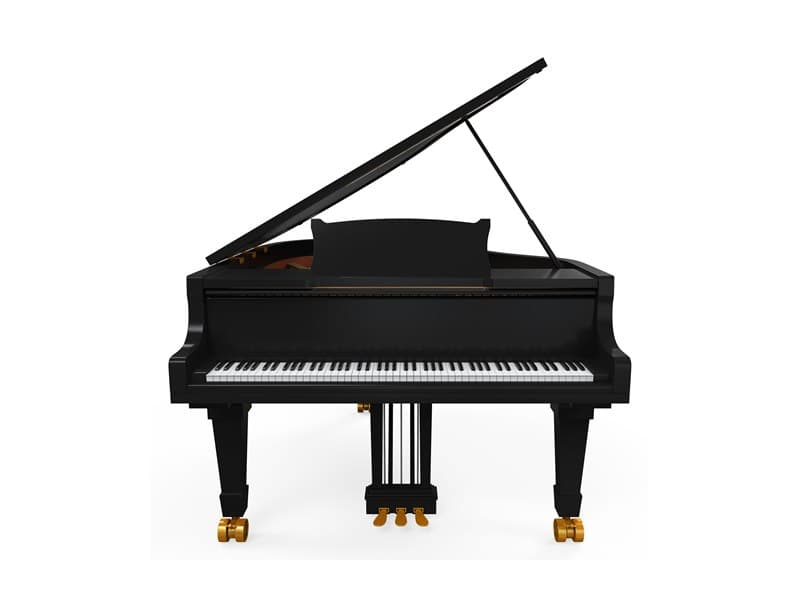 A black grand piano seen from the front with its lid raised on the prop stick, showing the full keyboard and three pedals.