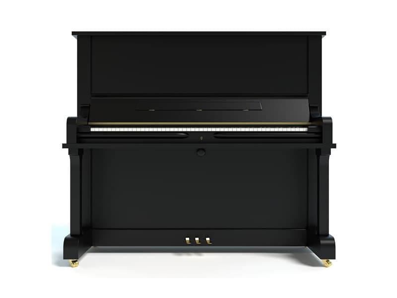 A black upright piano seen from the front, showing the full keyboard, three pedals and castors.